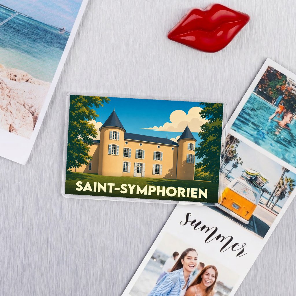 Magnet souvenir de la ville de Saint-Symphorien illustrant un château de style néo-renaissance.