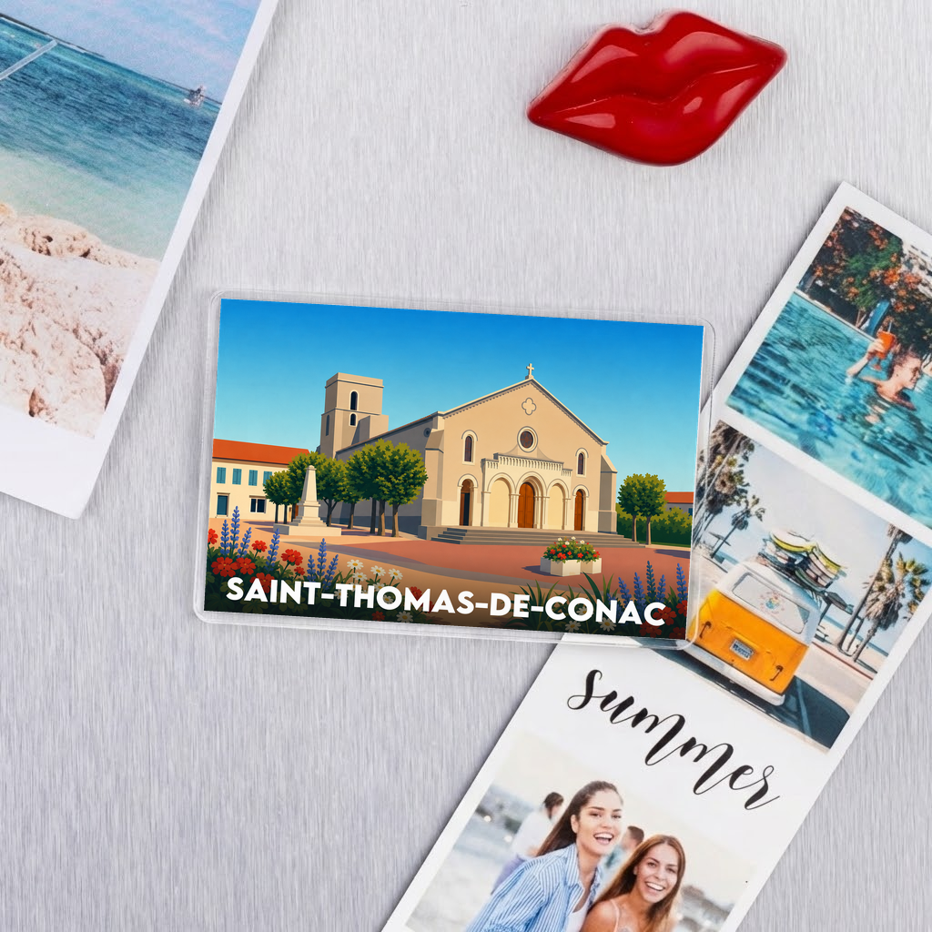 Magnet souvenir de la ville de Saint-Thomas-de-Conac avec une illustration stylisée.