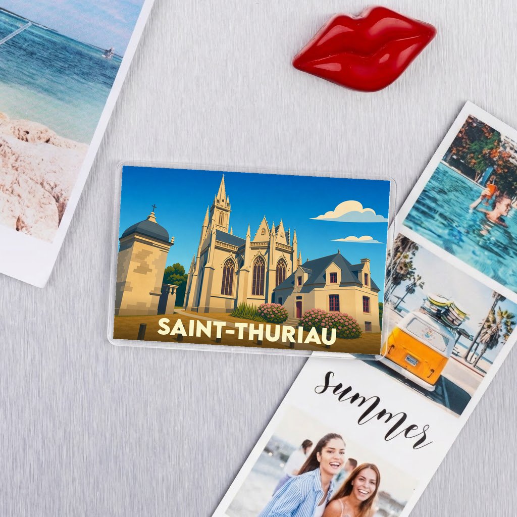 Magnet souvenir de la ville de Saint-Thuriau avec une illustration stylisée de son église.