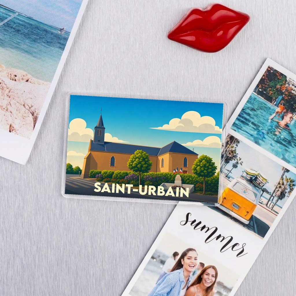 Magnet souvenir de la ville de Saint-Urbain avec une illustration stylisée de son église.