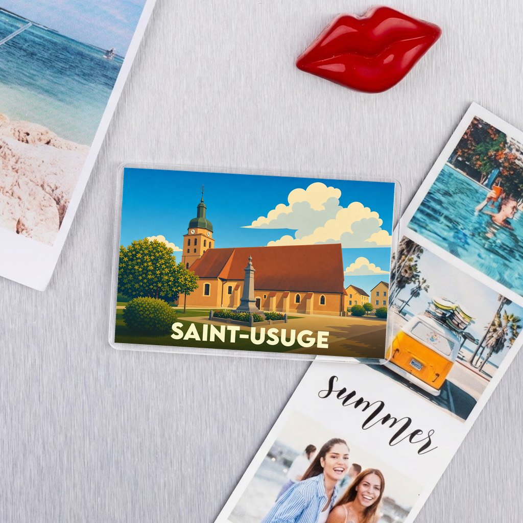 Magnet souvenir de la ville de Saint-Usuge avec une illustration stylisée de son église.