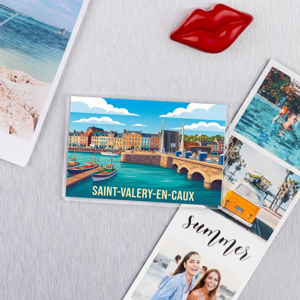 Magnet souvenir de la ville de Saint-Valery-en-Caux avec une illustration stylisée du port.