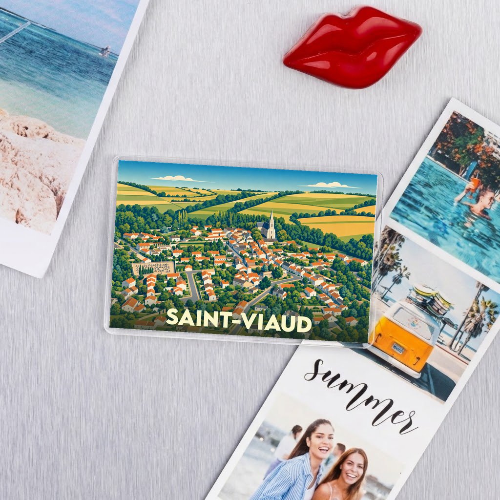 Magnet souvenir de la ville de Saint-Viaud avec une illustration stylisée de ses paysages.