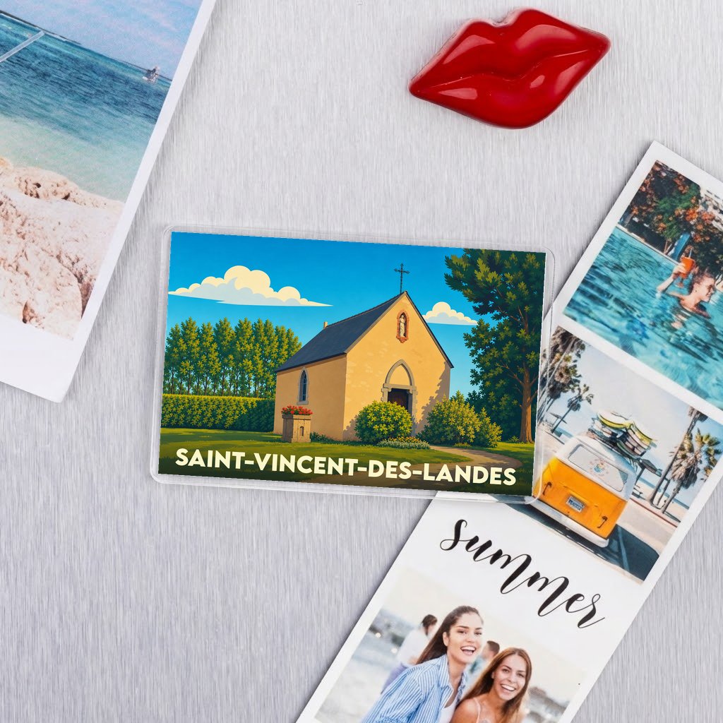 Magnet souvenir de la ville de Saint-Vincent-des-Landes avec une illustration stylisée d'une petite chapelle.