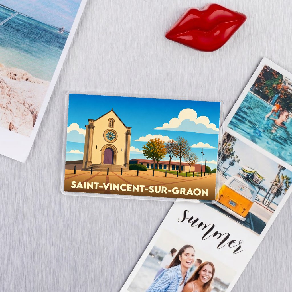 Magnet souvenir de la ville de Saint-Vincent-sur-Graon avec une illustration stylisée de son église.