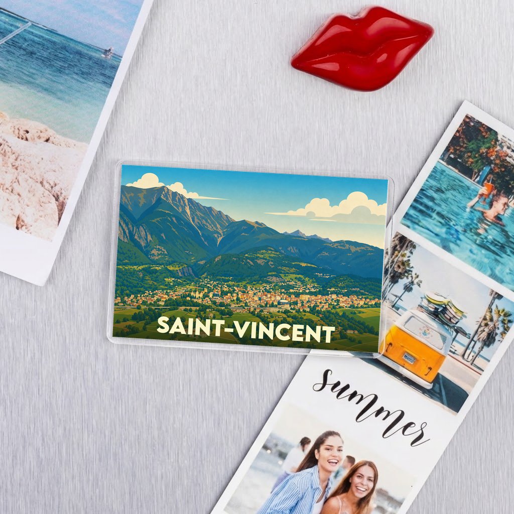 Magnet souvenir de la ville de Saint-Vincent avec une illustration stylisée d'un paysage montagneux.