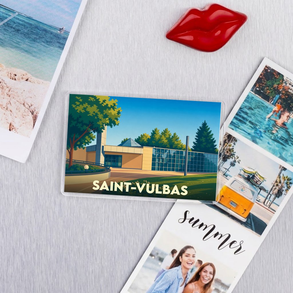 Magnet souvenir de la ville de Saint-Vulbas avec une illustration stylisée.