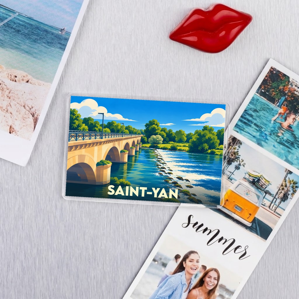 Magnet souvenir de la ville de Saint-Yan avec une illustration stylisée d'un pont au-dessus d'une rivière.