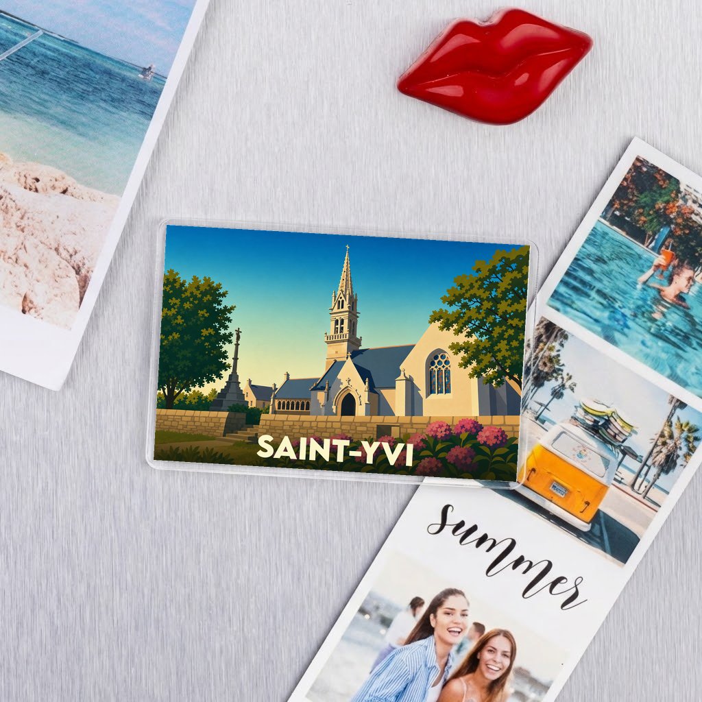Magnet souvenir de la ville de Saint-Yvi avec une illustration stylisée de son église.