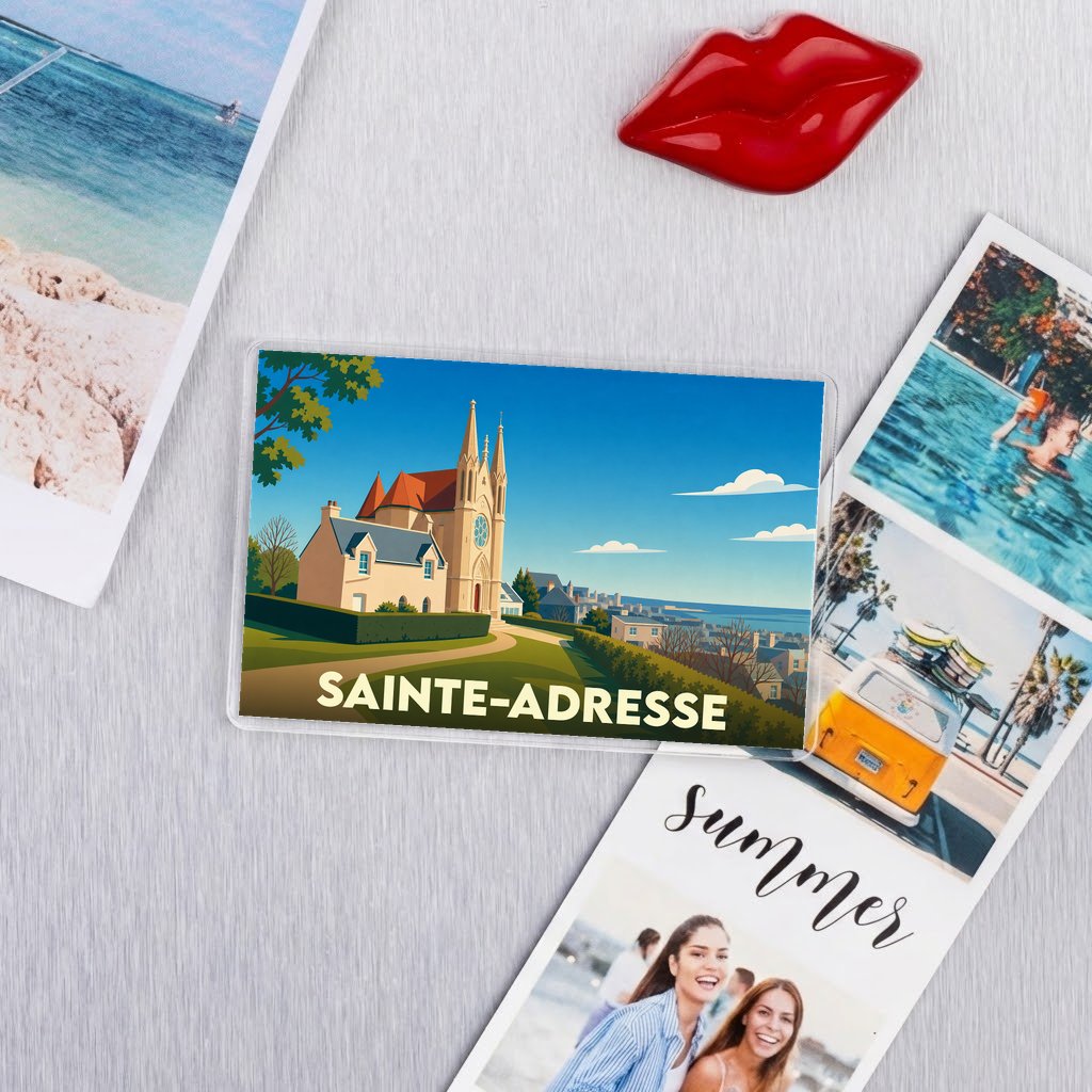 Magnet souvenir de la ville de Sainte-Adresse avec une illustration stylisée.