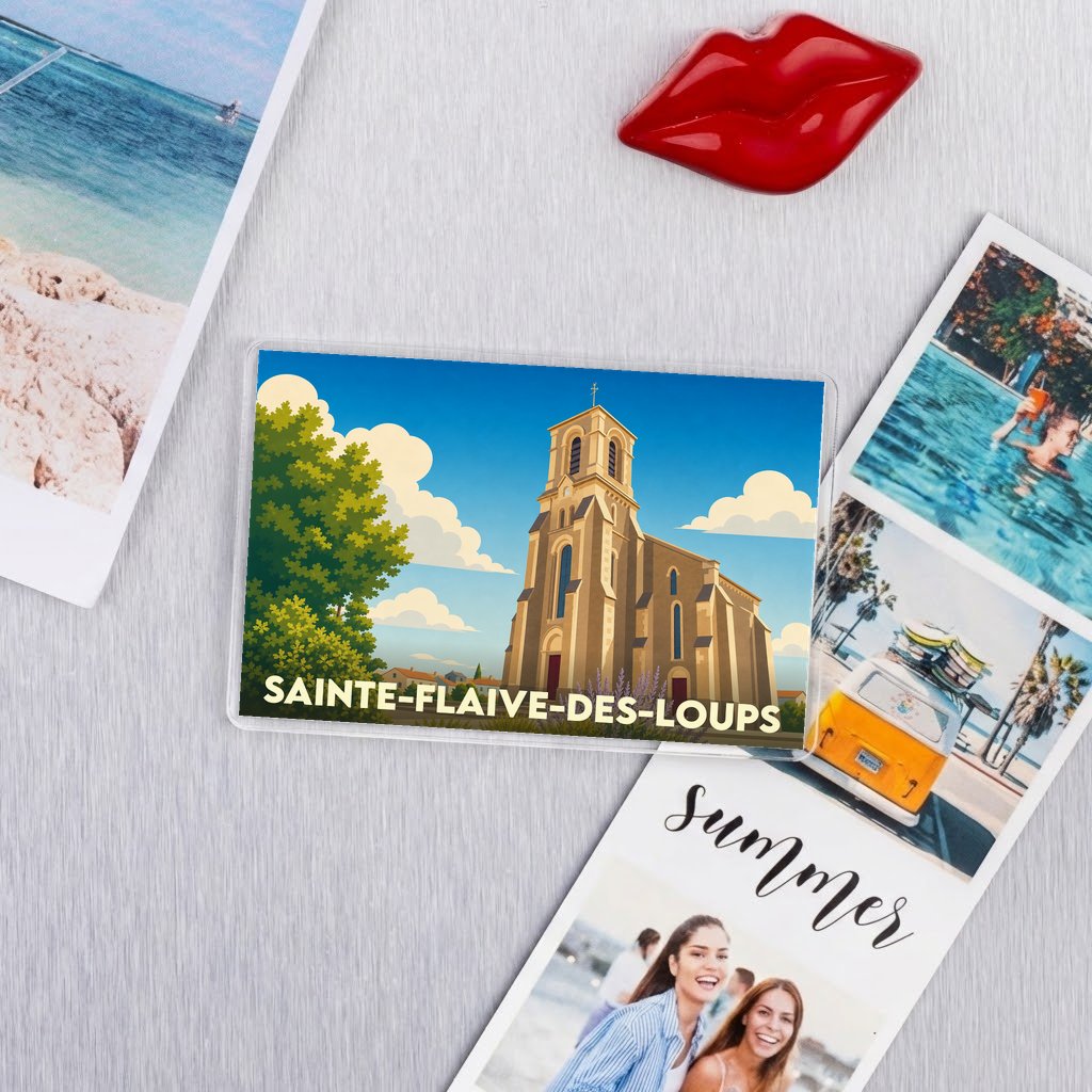Magnet souvenir de la ville de Sainte-Flaive-des-Loups avec une illustration stylisée de son église.
