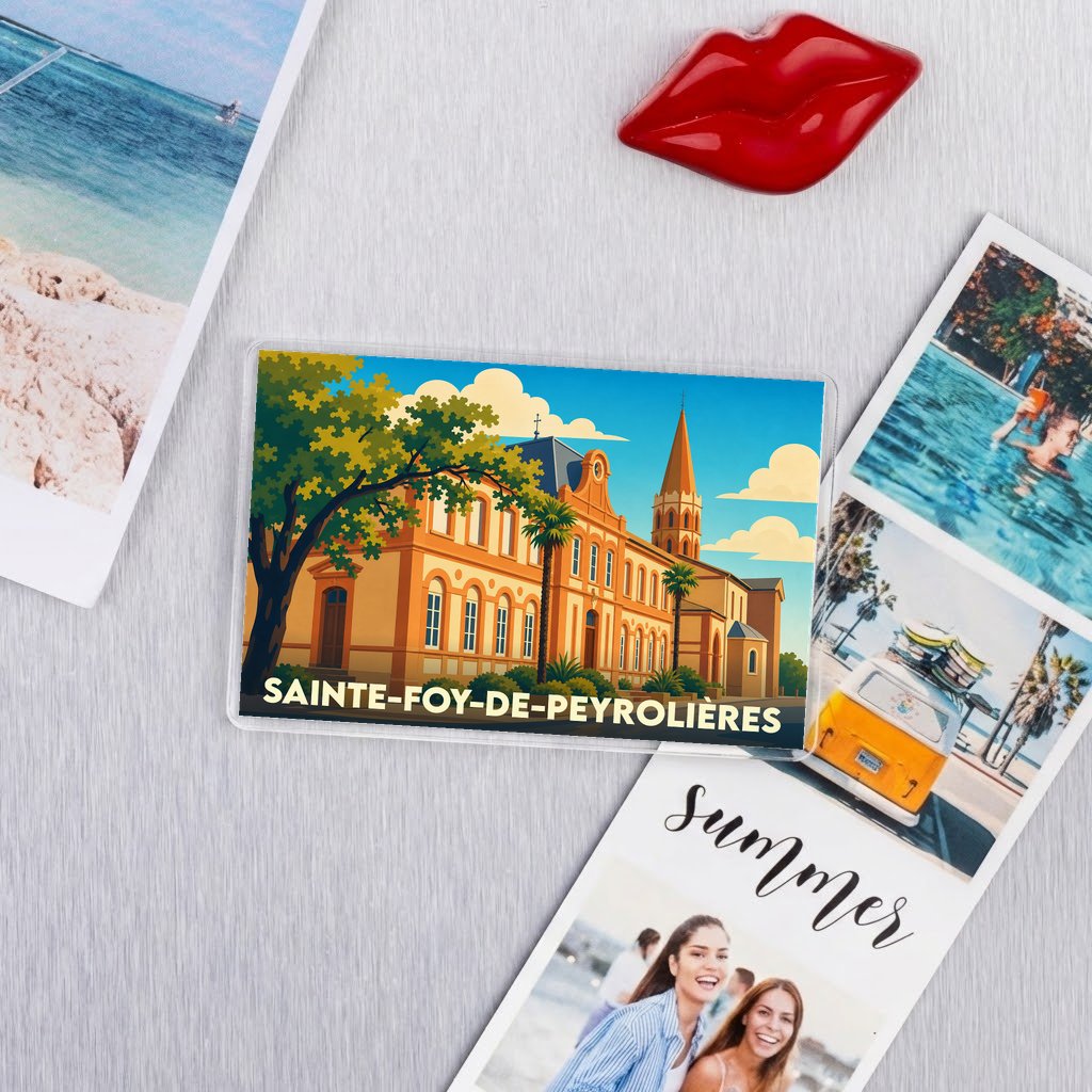 Magnet rectangulaire souvenir de la ville de Sainte-Foy-de-Peyrolières avec une illustration colorée et stylisée.