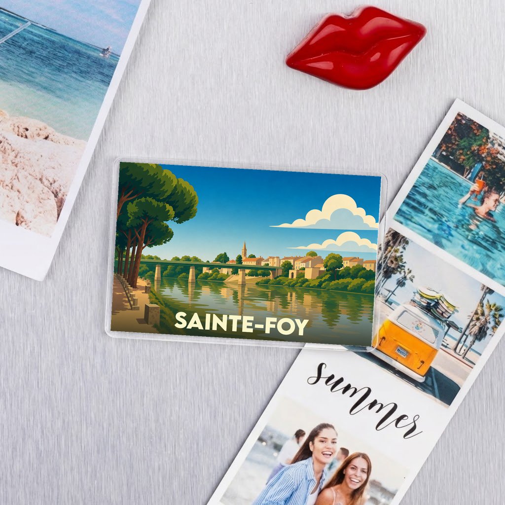 Magnet souvenir de la ville de Sainte-Foy avec une illustration stylisée d'un pont et d'un fleuve.