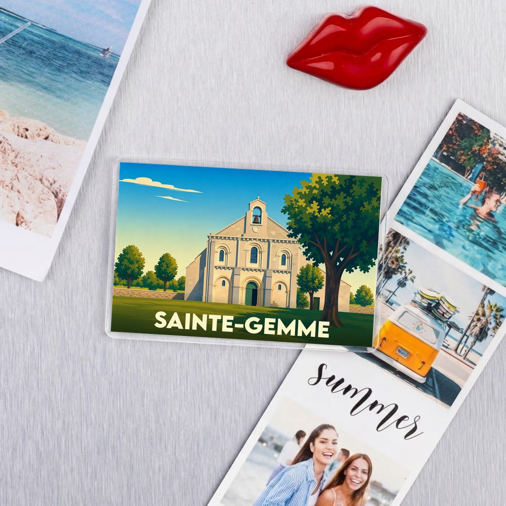 Magnet souvenir de la ville de Sainte-Gemme avec une illustration stylisée de son église.