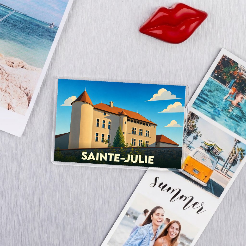 Magnet souvenir de la ville de Sainte-Julie avec une illustration stylisée de son patrimoine.
