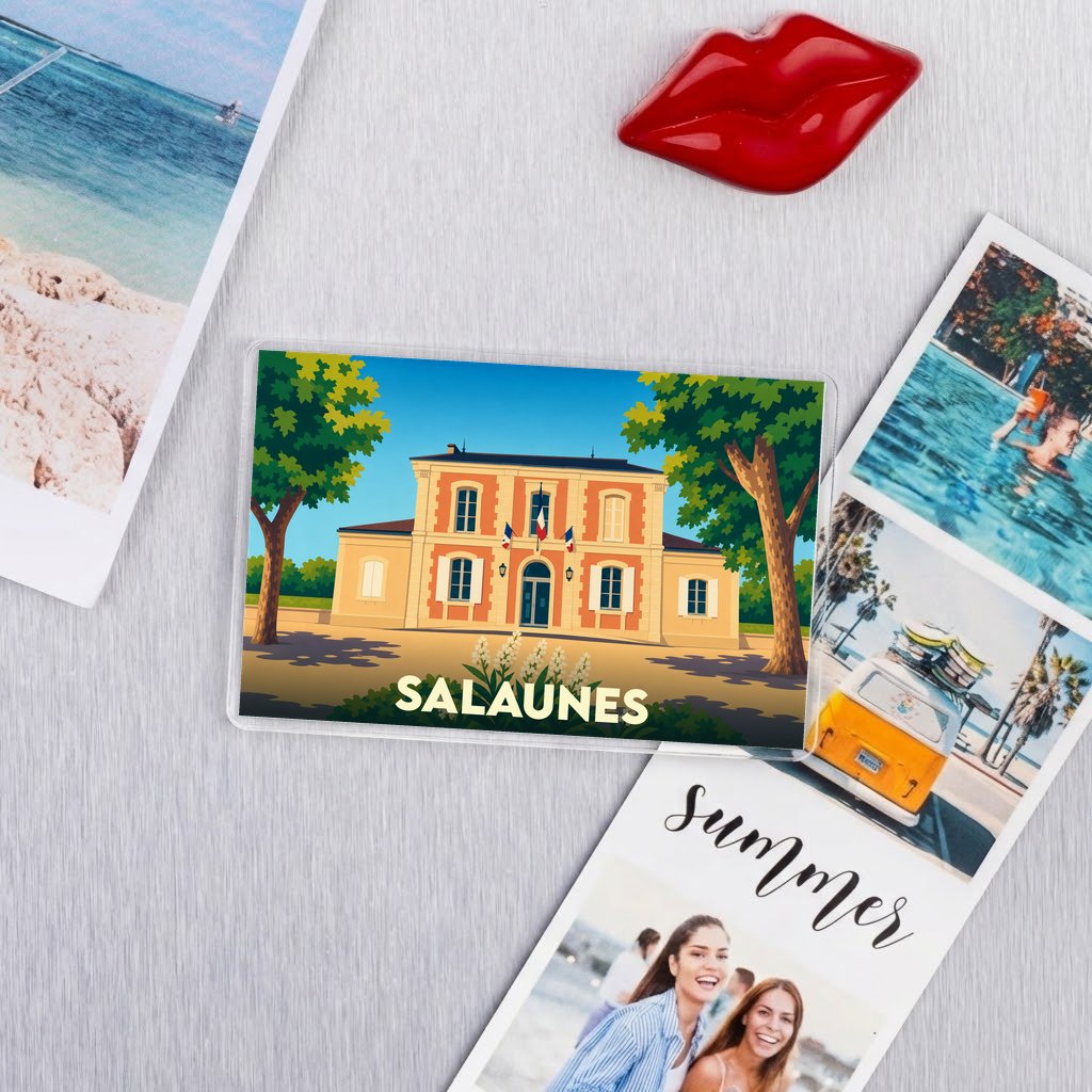 Magnet souvenir de la ville de Salaunes avec une illustration stylisée de sa mairie.