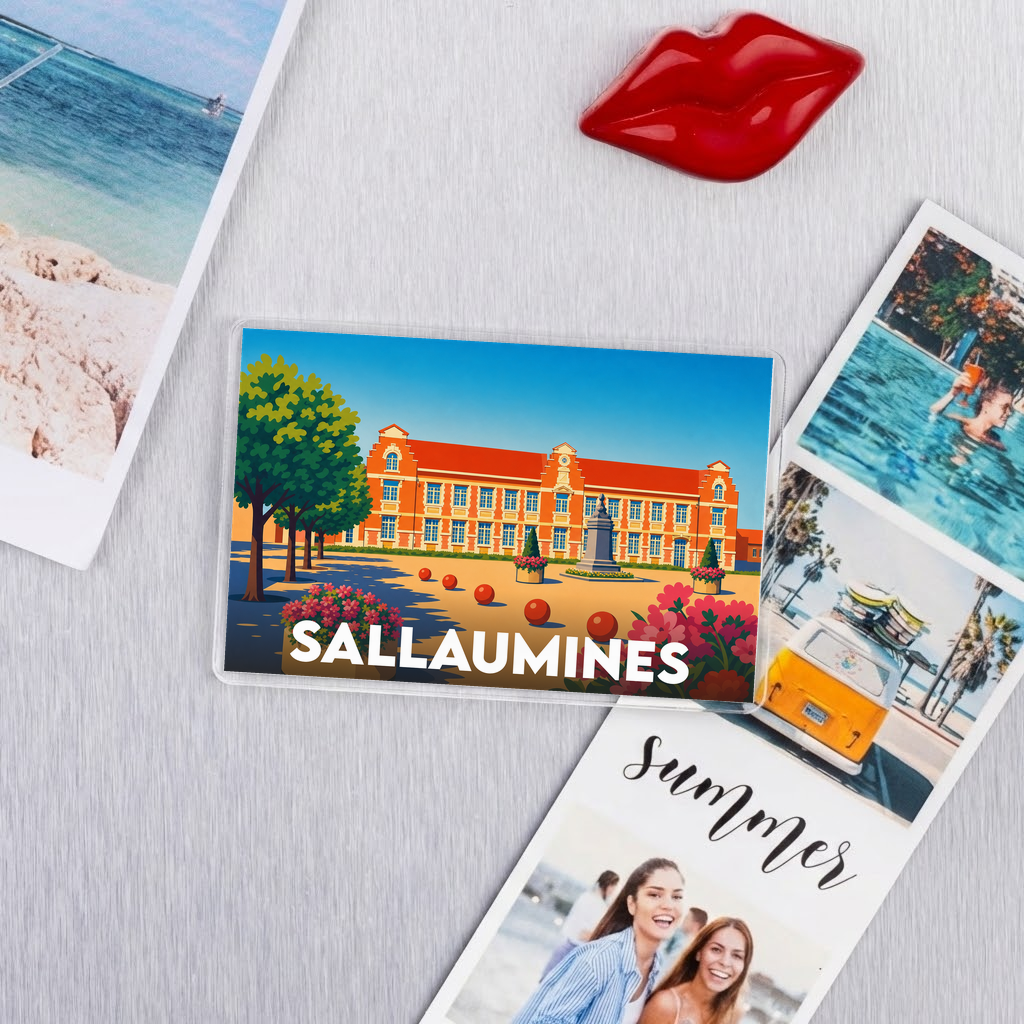 Magnet souvenir de la ville de Sallaumines avec une illustration stylisée.