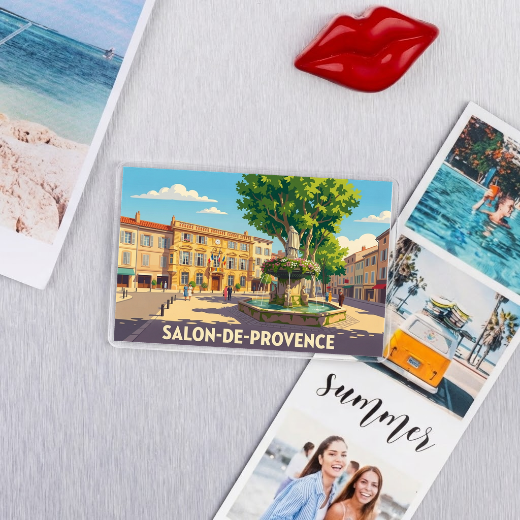 Magnet souvenir de la ville de Salon-de-Provence avec une illustration stylisée d'une place ensoleillée et sa fontaine.