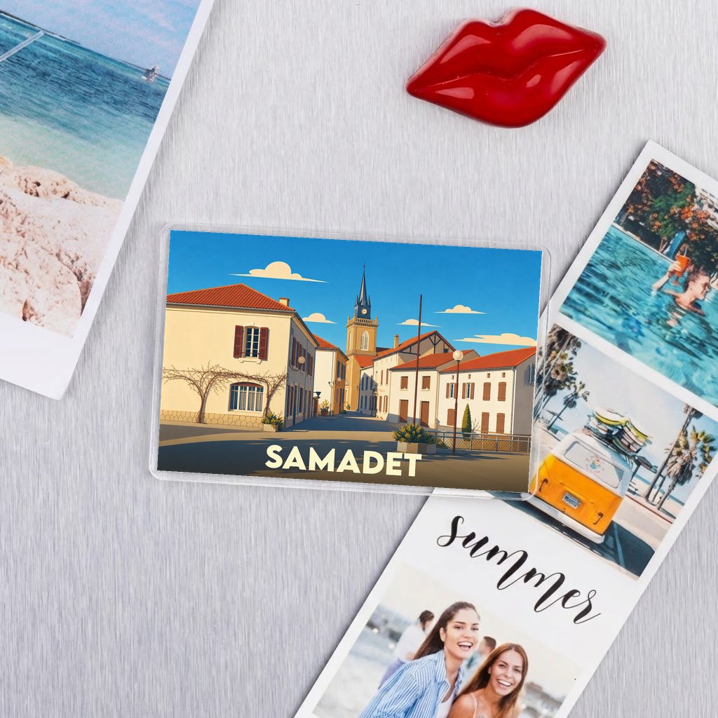 Magnet souvenir de la ville de Samadet avec une illustration stylisée.