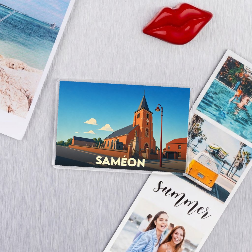 Magnet souvenir de la ville de Saméon avec une illustration stylisée de son église.