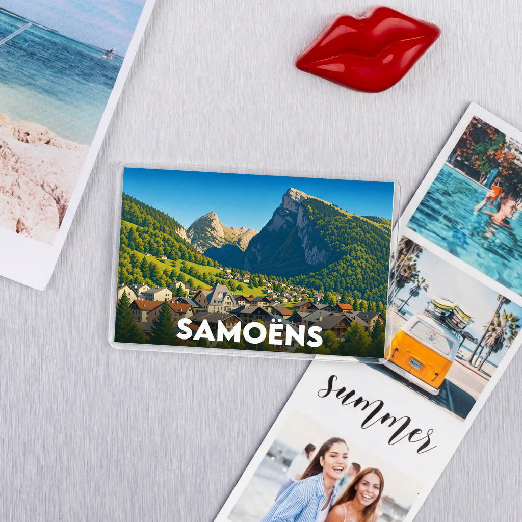 Magnet souvenir de la ville de Samoëns avec une illustration stylisée d'un paysage de montagne.