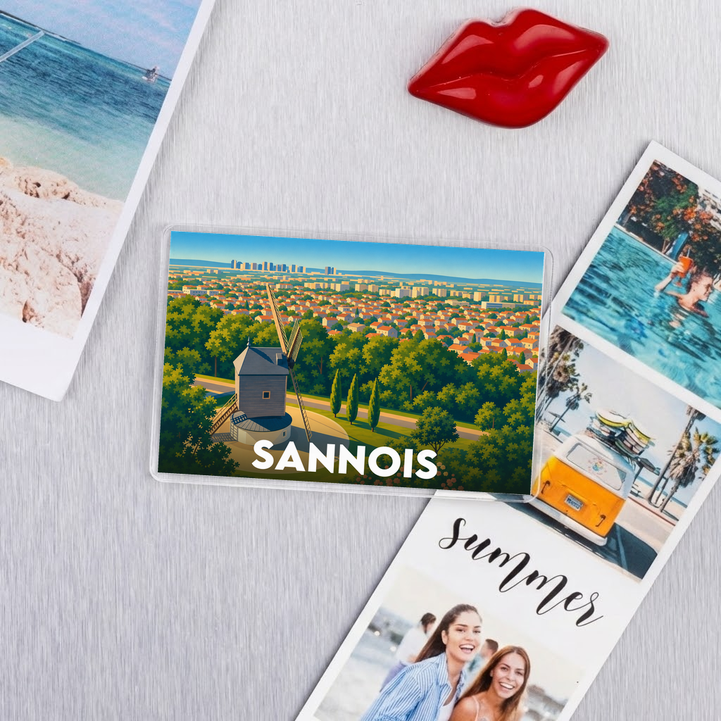 Magnet souvenir de la ville de Sannois avec une illustration stylisée d'un moulin.