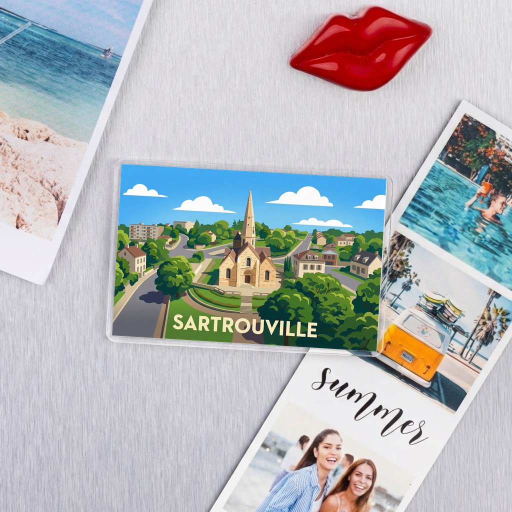 Magnet souvenir de la ville de Sartrouville avec une illustration stylisée.