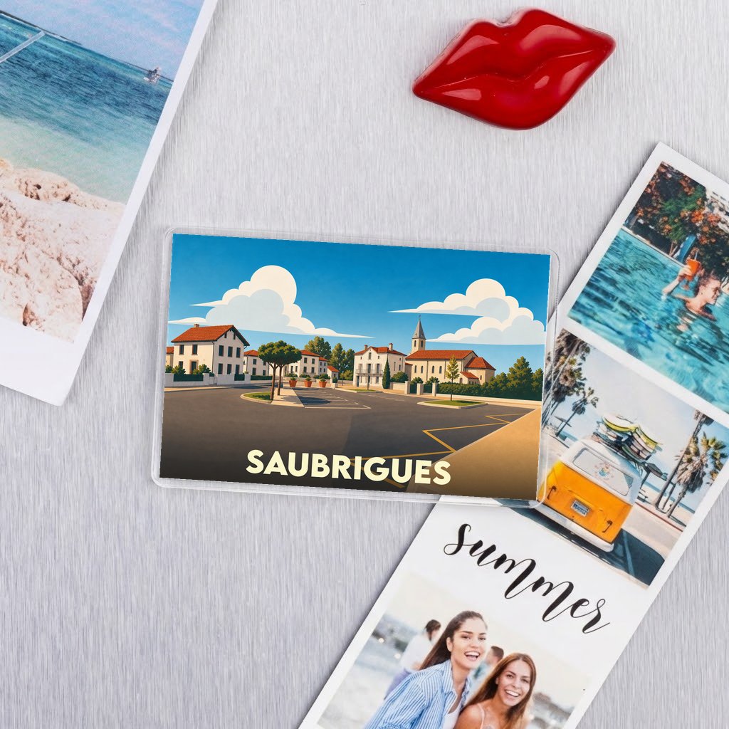 Magnet souvenir de la ville de Saubrigues avec une illustration stylisée.