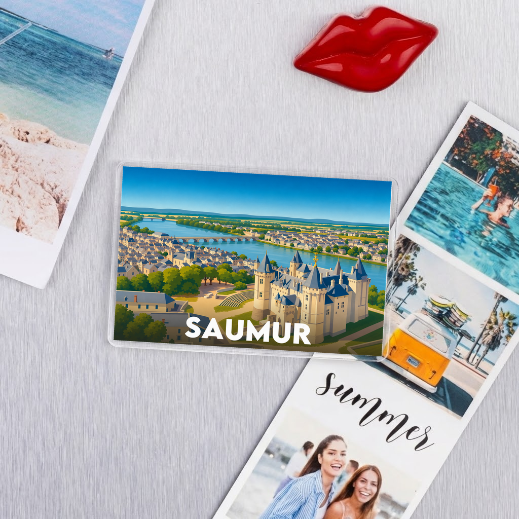 Magnet souvenir de la ville de Saumur avec une illustration stylisée de son château et de la Loire.