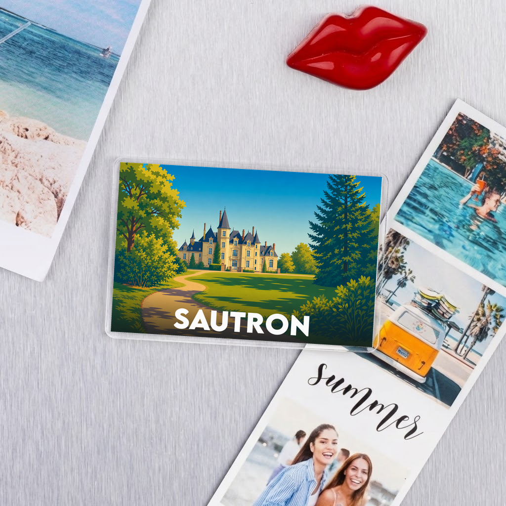 Magnet rectangulaire de la ville de Sautron avec une illustration stylisée de son château.