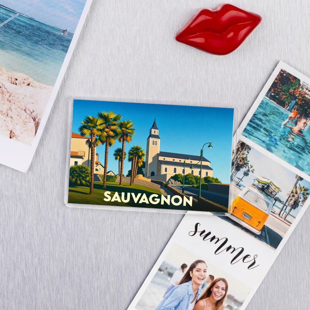 Magnet souvenir de la ville de Sauvagnon avec une illustration stylisée.