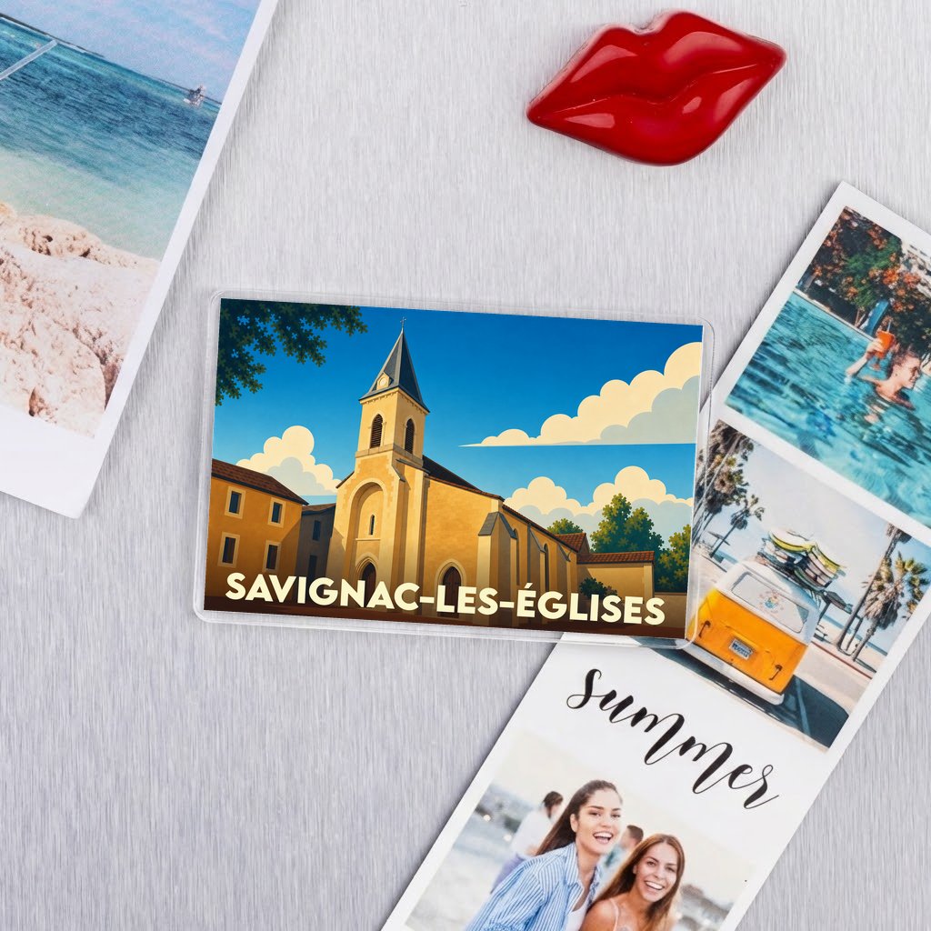 Magnet souvenir de la ville de Savignac-les-Églises avec une illustration stylisée de son église.