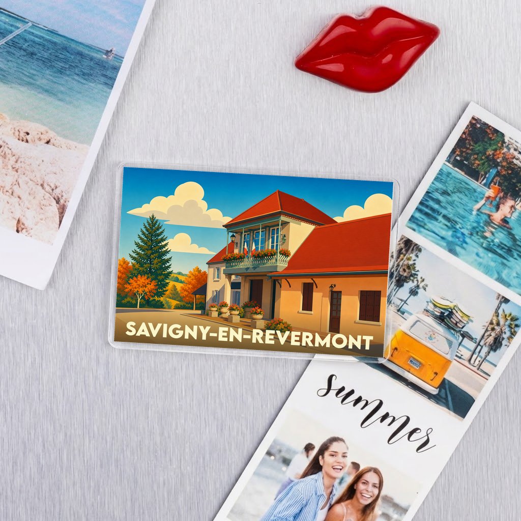 Magnet souvenir de la ville de Savigny-en-Revermont avec une illustration stylisée d'une maison de village.