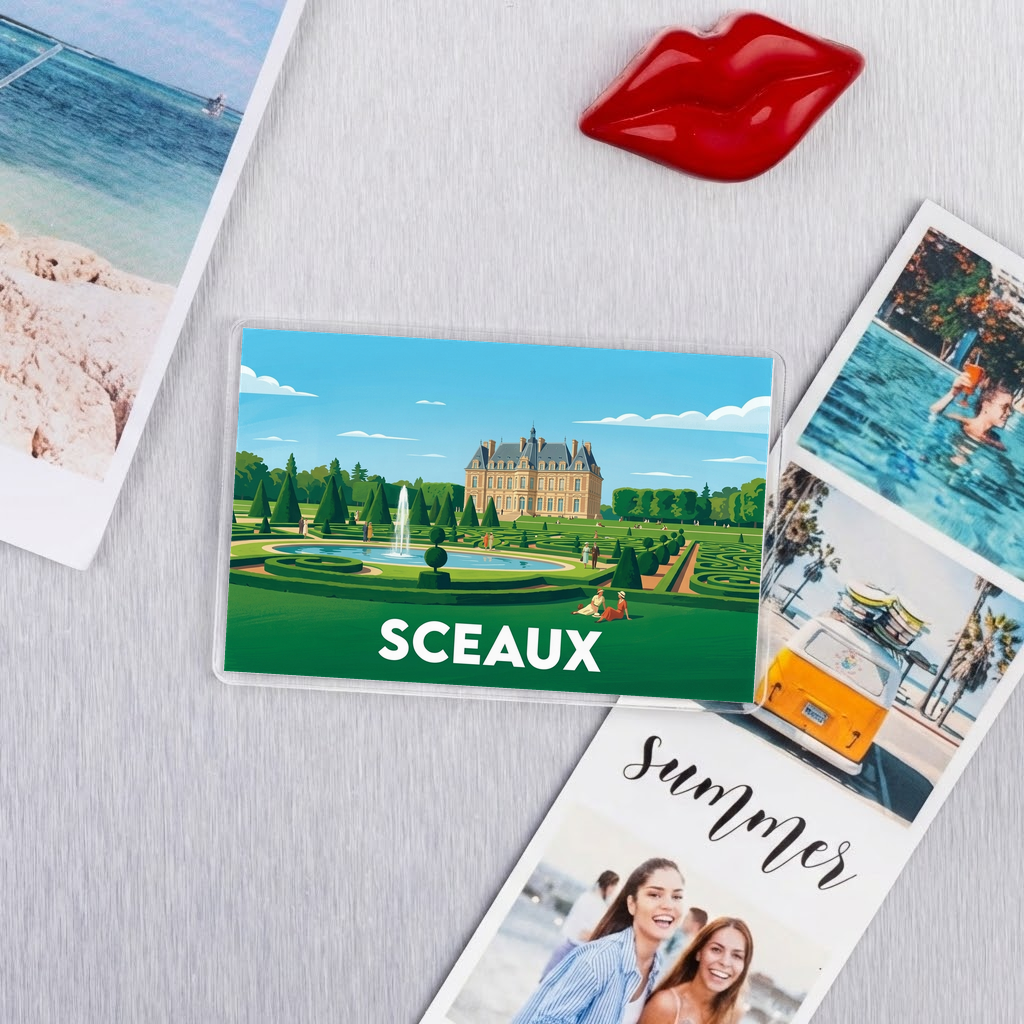 Magnet souvenir de la ville de Sceaux avec une illustration stylisée de son château et de ses jardins.