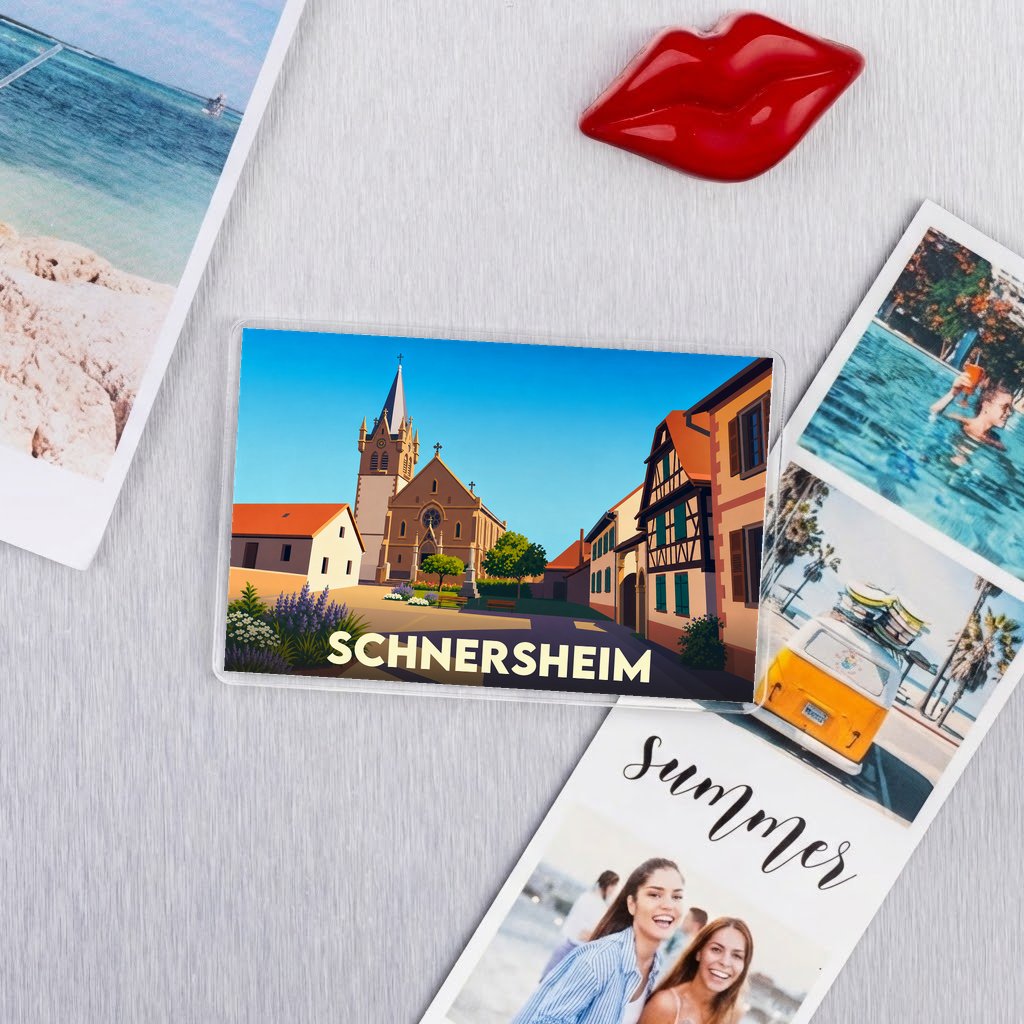 Magnet souvenir de la ville de Schnersheim avec une illustration stylisée.