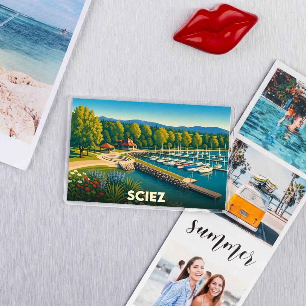 Magnet souvenir de la ville de Sciez avec une illustration stylisée de son port.