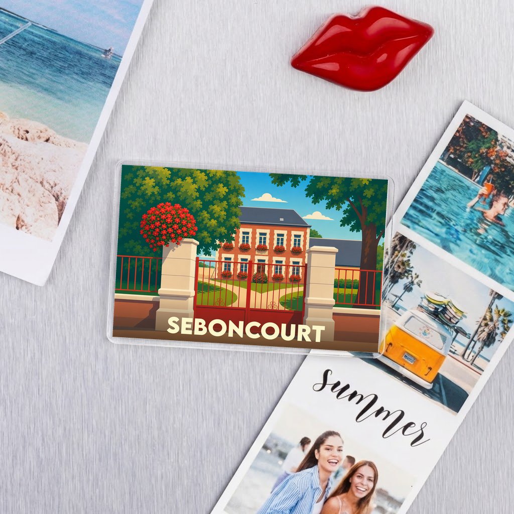 Magnet souvenir de la ville de Seboncourt avec une illustration stylisée d'un bâtiment historique.