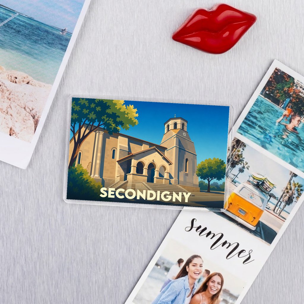 Magnet souvenir de la ville de Secondigny avec une illustration stylisée de son église.