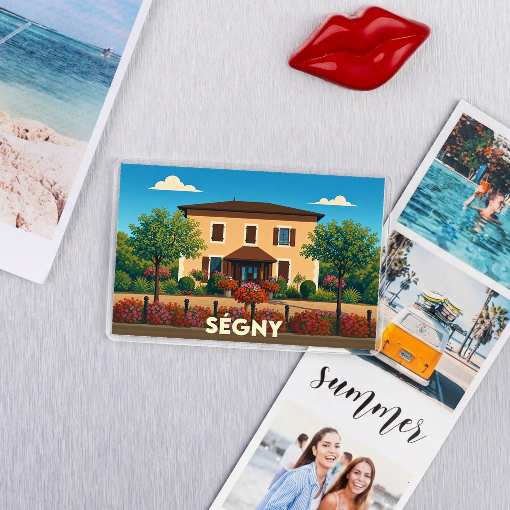 Magnet souvenir de la ville de Ségny avec une illustration stylisée d'une maison fleurie.