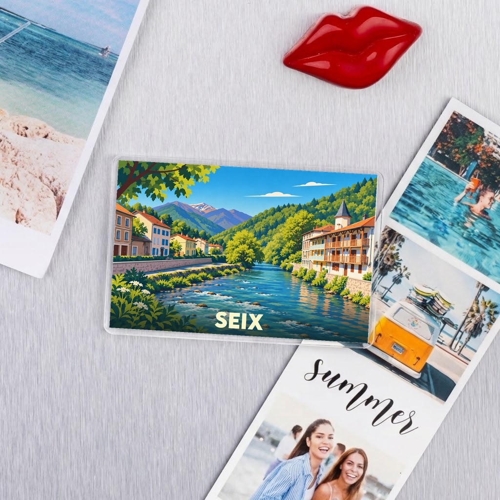 Magnet souvenir de la ville de Seix avec une illustration stylisée de ses paysages montagneux et de sa rivière.