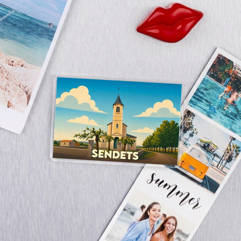 Magnet souvenir de la ville de Sendets avec une illustration stylisée de son église.
