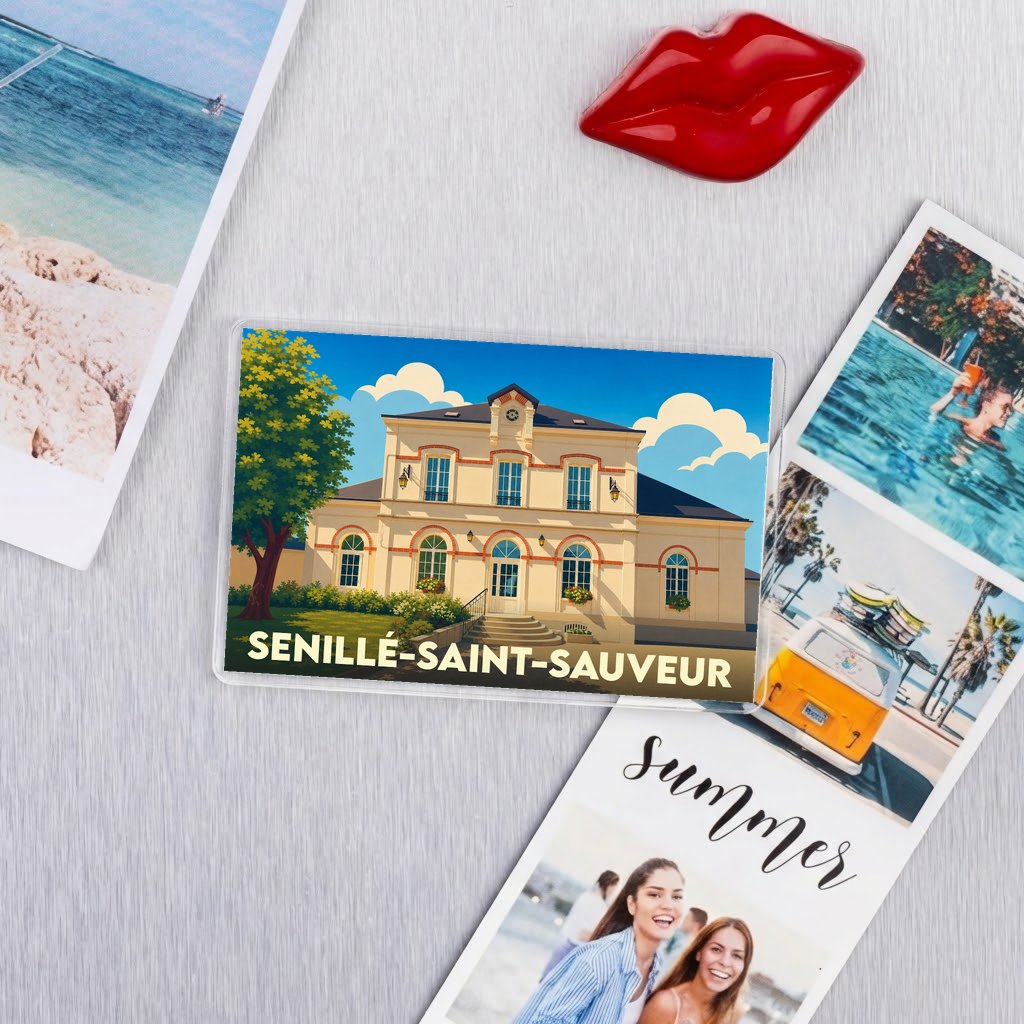 Magnet souvenir de la ville de Senillé-Saint-Sauveur avec une illustration stylisée d'un bâtiment remarquable.