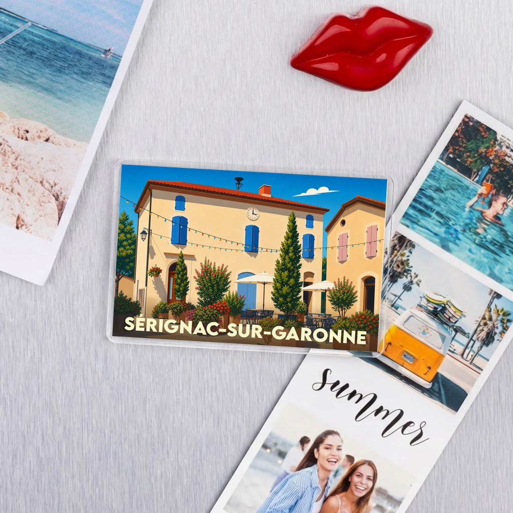 Magnet souvenir de Sérignac-sur-Garonne avec une illustration stylisée d'un bâtiment provençal.
