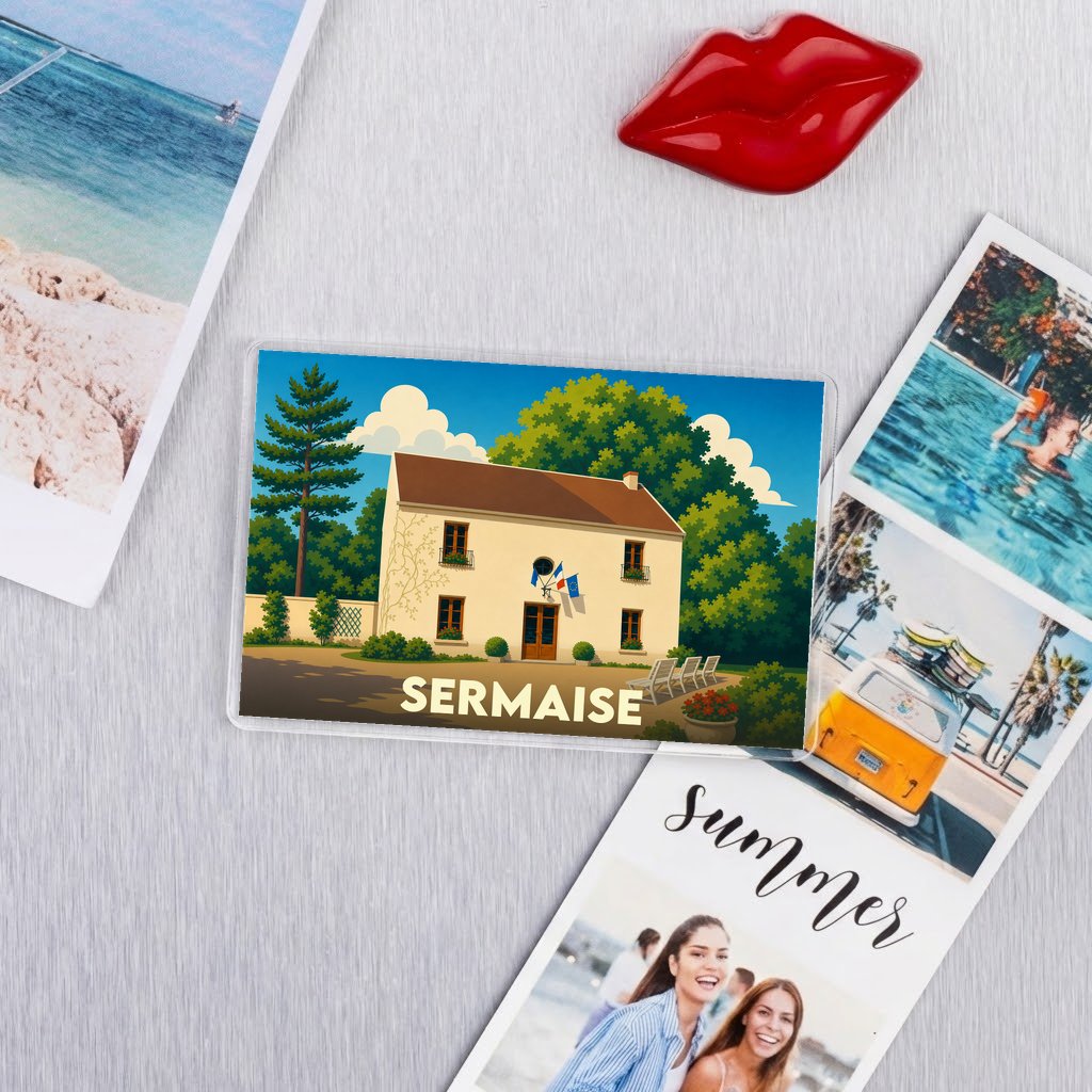 Magnet souvenir de la ville de Sermaise avec une illustration stylisée.