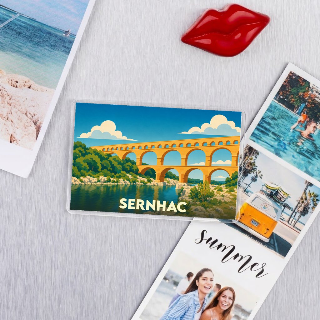 Magnet souvenir de la ville de Sernhac avec une illustration stylisée du Pont du Gard.