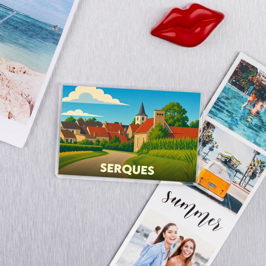 Magnet souvenir de la ville de Serques avec une illustration stylisée.