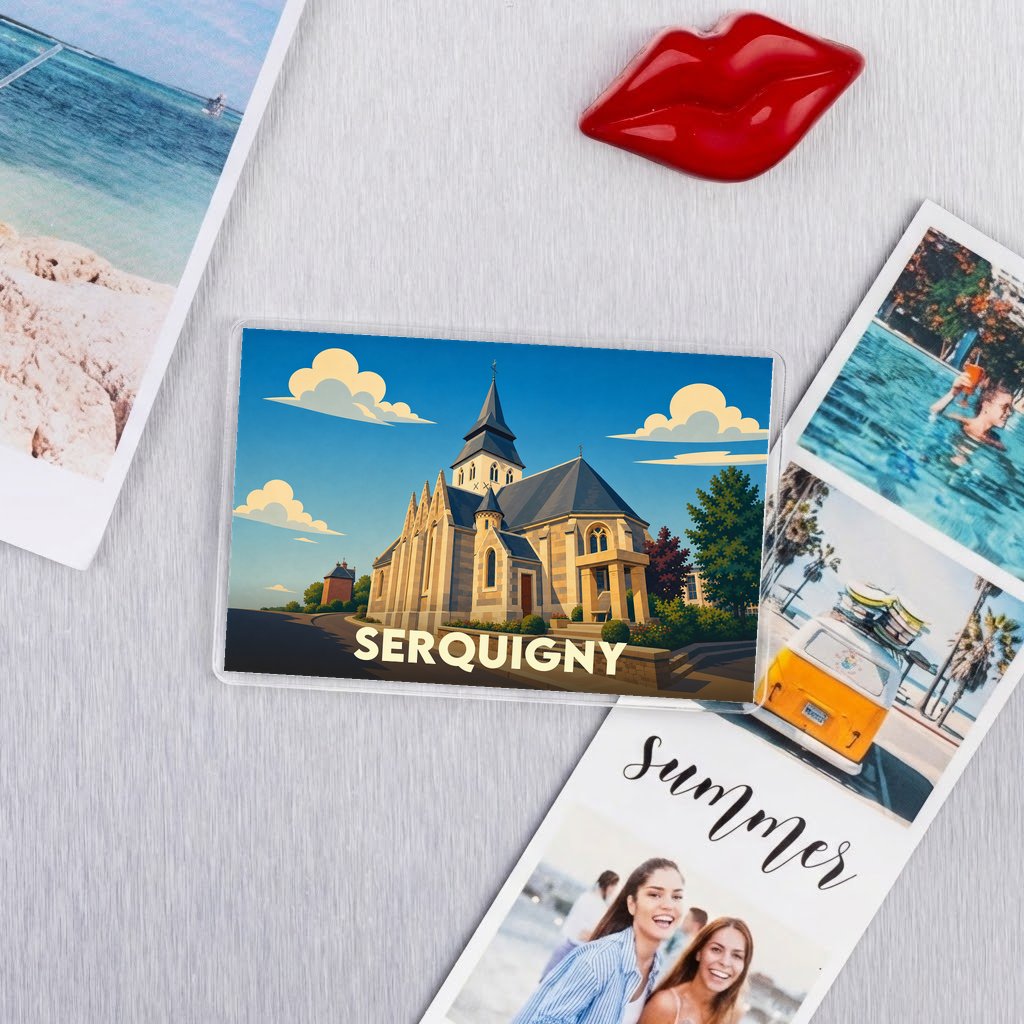 Magnet souvenir de la ville de Serquigny avec une illustration stylisée de son église.
