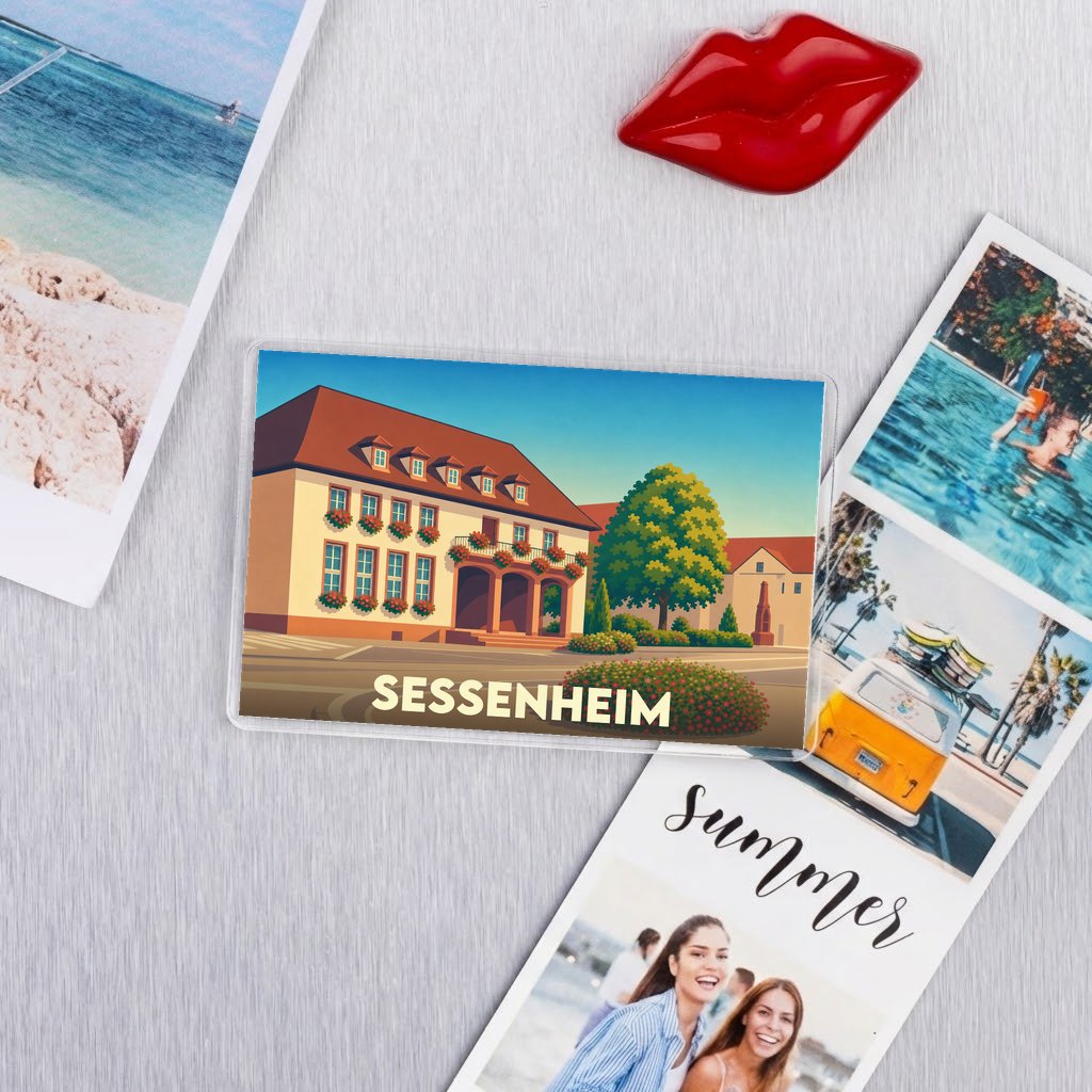 Magnet souvenir de la ville de Sessenheim avec une illustration colorée et stylisée.