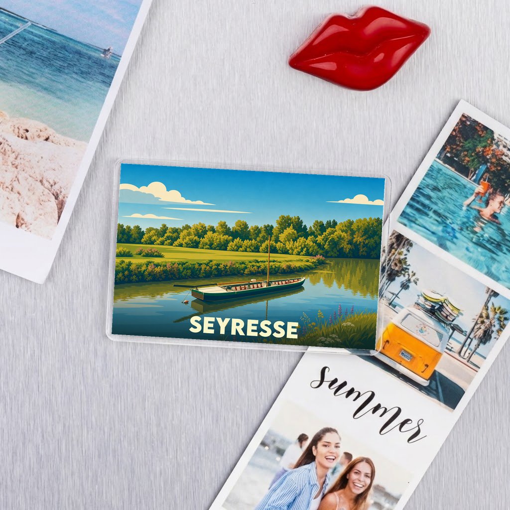 Magnet souvenir de la ville de Seyresse avec une illustration stylisée d'une barque sur une rivière.