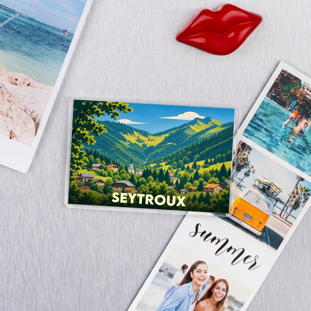 Magnet souvenir de la ville de Seytroux avec une illustration stylisée de montagne.